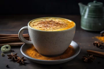 Fotobehang Ashwagandha Tea Latte With Cinnamon And Turmeric. Generative AI © Anastasiia