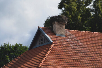 Fototapeta na wymiar Stork nest on the tiled roof of a village house