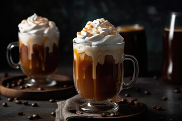 Glass Of Cold Brew Coffee With Whipped Cream And Caramel. Generative AI