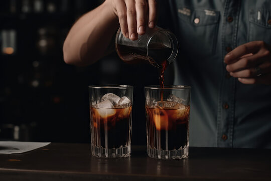 Barista Pouring Cold Brew Coffee Into Glass. Generative AI