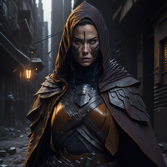 star wars day | a hyper-realistic illustration of a female Jedi Knight on Star Wars Day, with a tattered outfit and rusty metal armor plates, set against a backdrop of a dystopian city. Ai