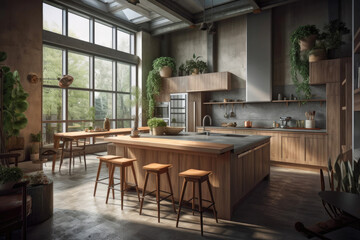 Fototapeta premium Kitchen room filled with furniture and an island. Generative AI