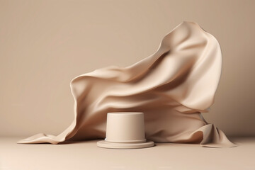 Beige podium with flying soft silk, created with generative AI