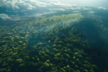 Naklejka na ściany i meble Top view of a young green forest in spring or summer. Generative AI