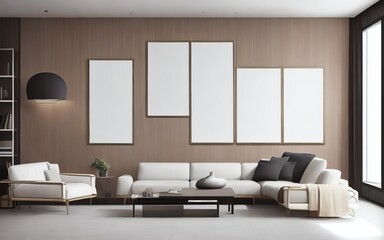Living room wall with a mock poster frame. Modern background with a luxurious apartment. 