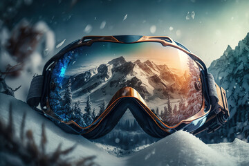 Snowboard Goggles In The Snow, Close Up View, The Mountains Are Reflected In The Glasses - Generative AI - obrazy, fototapety, plakaty