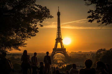 Sunset at the Eiffel tower. Generative AI