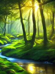 Obraz premium Stream and green woodland in the sunlight. 