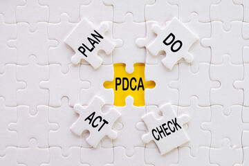 Obraz premium PLAN DO CHECK ACT word on white jigsaw or puzzle and Missing piece of white jigsaw with PDCA suitable for strategy,planning, business,teamwork,problem solving,process,management, improvement idea.