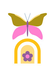70s retro boho butterfly. Abstract geometric poster. Vintage aesthetic.