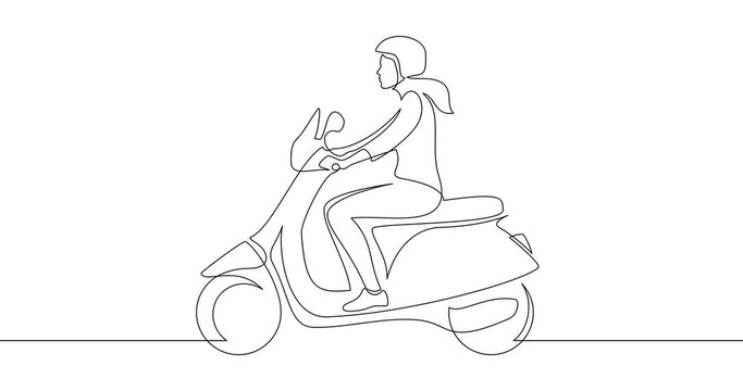 Animation of an image drawn with a continuous line. The girl rides a motor scooter.