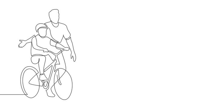 Animation of an image drawn with a continuous line. A man teaches a child to ride a bicycle. Father and son.
