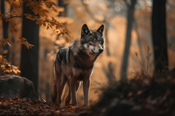 Portrait of grey wolf in the forest. Generative AI