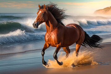 Obraz na płótnie Canvas A majestic horse gallops along the coastline, leaving behind a trail of sand and seafoam. Generative AI