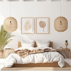 Schlafzimmer-Interieur-Hintergrund mit Rattan-Möbeln und leeren Rahmen, Küstenstil, generative AI