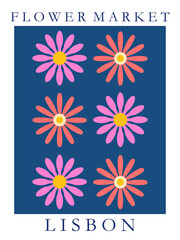 Obraz premium 70s retro groovy revival poster. Cartoon flowers, daisy, flower market. Nostalgia concept. Great for card, flyer, T-shirt, graphic tee.