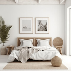Schlafzimmer-Interieur-Hintergrund mit Rattan-Möbeln und leeren Rahmen, Küstenstil, generative AI