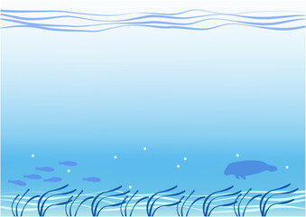 Blue sea background. Silhouette of a manatee and a school of young fish swimming over an eelgrass bed.