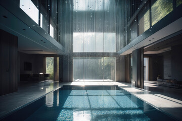 Modern concrete house, indoor pool with sauna. Generative AI