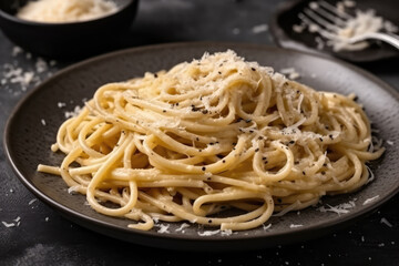 Cacio E Pepe On Black Plate. Generative AI