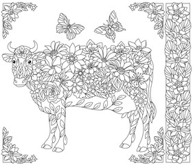 Floral cow. Adult coloring book page with fantasy animal and flower elements.