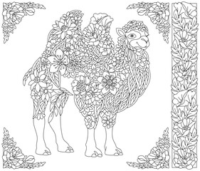 Floral camel. Adult coloring book page with fantasy animal and flower elements.