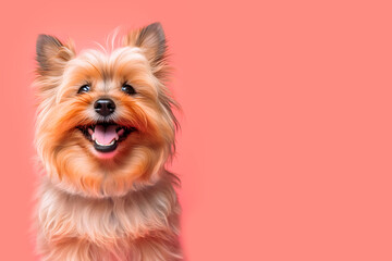 Happy Yorkshire terrier dog isolated on pink red pastel background, copy space for text, digital art, ai generated - obrazy, fototapety, plakaty
