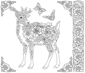 Floral fawn. Adult coloring book page with fantasy animal and flower elements.