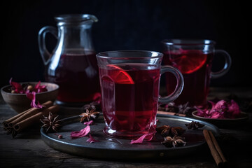 Hibiscus Tea With Honey And Cinnamon Sticks. Generative AI