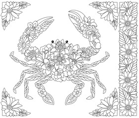 Floral crab. Adult coloring book page with fantasy animal and flower elements.