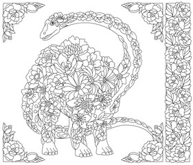 Floral diplodocus dinosaur. Adult coloring book page with fantasy animal and flower elements.
