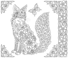 Floral fox. Adult coloring book page with fantasy animal and flower elements.