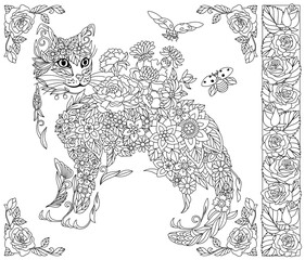 Floral cat. Adult coloring book page with fantasy animal and flower elements.