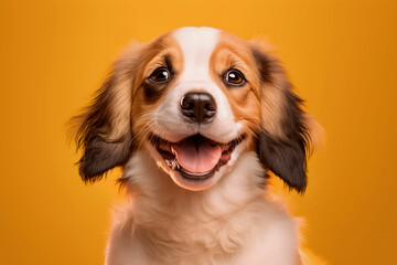 Portrait of happy puppy dog isolated on yellow background, studio shot, digital art, ai generated