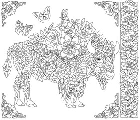 Floral bison. Adult coloring book page with fantasy animal and flower elements.