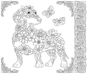Floral dachshund. Adult coloring book page with fantasy animal and flower elements.