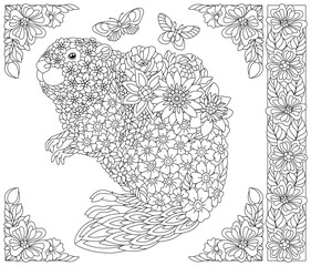 Floral beaver. Adult coloring book page with fantasy animal and flower elements.
