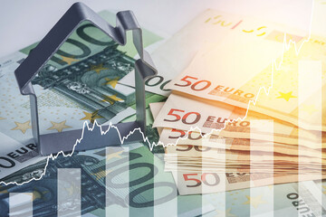 Metal house and rising sparkline chart representing real estate price or reference rate in Europe