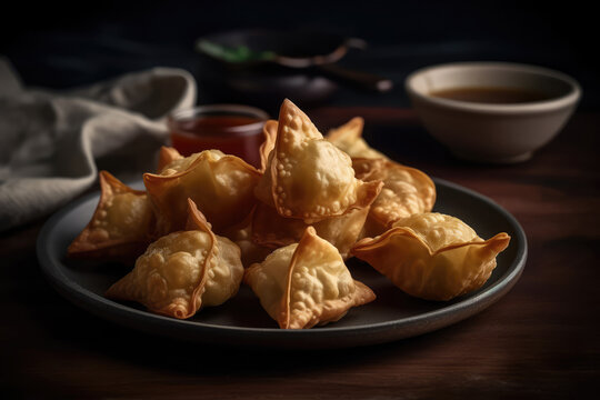 Fried Wontons On Black Plate. Generative AI