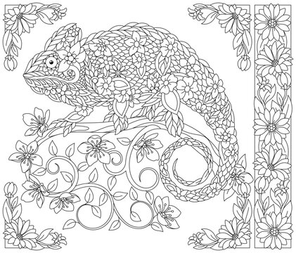 Floral chameleon lizard. Adult coloring book page with fantasy animal and flower elements.