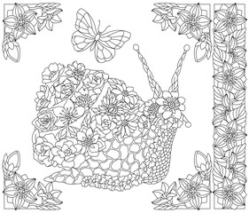 Floral snail. Adult coloring book page with fantasy animal and flower elements.