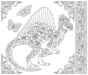 Floral spinosaurus dinosaur. Adult coloring book page with fantasy animal and flower elements.