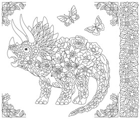 Floral triceratops dinosaur. Adult coloring book page with fantasy animal and flower elements.