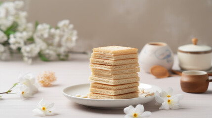 Naklejka na ściany i meble Biscuit cake on a white plate with flowers, sugar cubes, crumbly, crunchy, creamy stack of biscuit cake slices. Generative AI