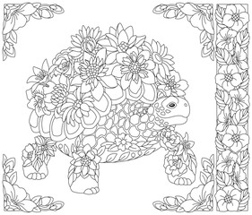 Floral turtle. Adult coloring book page with fantasy animal and flower elements.