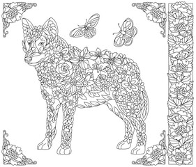 Floral wolf. Adult coloring book page with fantasy animal and flower elements.