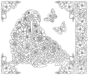 Floral walrus. Adult coloring book page with fantasy animal and flower elements.