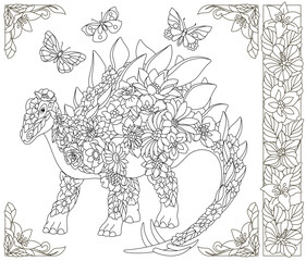Floral stegosaurus dinosaur. Adult coloring book page with fantasy animal and flower elements.