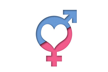 Female and male gender symbol with heart on white background - Concept of love and gender issues