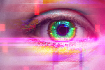 Female eye with colorful iris. Effect of using psychoactive drug and having psychedelic trip with...